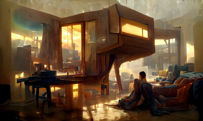 Obraz na płótnie Canvas Artistic painting conception of a futuristic modern living room interior. Natural colors, digital art style, illustration painting.