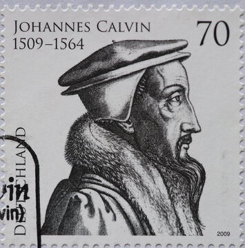 GERMANY - CIRCA 1993: a postage stamp from GERMANY, showing a portrait of the theologian and reformer Johannes Calvin . 500th birthday. Circa 1993