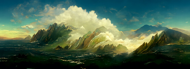 Obraz premium Mysterious mountain landscape. digital art style, painting illustration.