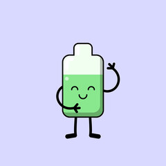 Cute cartoon battery for badges, logos, stickers, patches. Vector flat eco-friendly character icon in kawaii style. Environmental protection concept, save nature, save world, alternative energy.