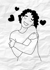Love yourself. hugs yourself ,Love concept by yourself. Line doodle style