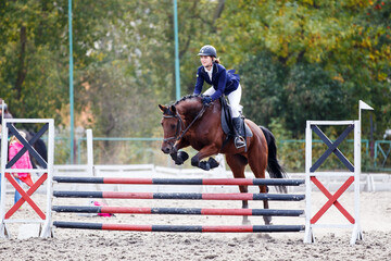 Young female horse rider jumping over the obstacle on equestrian competition
