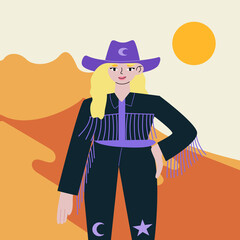 Blonde woman with cowboy hat and jacket with fringe. Stylish cowgirl standing. Desert landscape background Vector flat illustration in wild west, disco cowboy concept