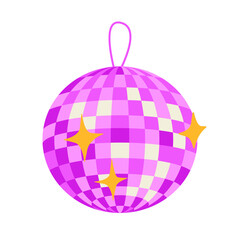 Pink disco ball with stars. Vector flat illustration on  isolated background. Template for greeting cards, posters