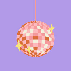 Pink disco ball with stars. Vector flat illustration on purple isolated background. Template for greeting cards, posters - obrazy, fototapety, plakaty