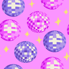 Seamless vector pattern with disco balls and stars on pink background. Party, celebration, psychedelic, hippie concept. 
