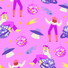Seamless pattern with cowgirls, disco balls, alien ship and stars. Vector flat illustration. Background in western, disco party concept