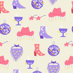 Seamless pattern with cowboy and disco accessory. Cowgirl boots, hat, bandana with stars and fringe, star shape sunglasses, disco ball and cocktail. Vector background in disco style. 