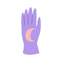 Hand with moon. Vector illustration of purple glove with crescent moon on isolated background. Wild west, bohemian, mystical concept