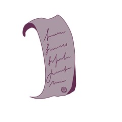 purple message, missive, scroll lettering, seal illustration 