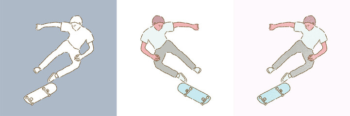 Boy riding and jumping on a skateboard. Skateboarder doing a jumping. Go Skateboarding day. Set of different styles hand drawn flat vector illustration isolated on colored background.