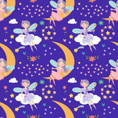 Vector seamless childish pattern with fairy, stars, moon and other elements. Fairy with a magic wand vector illustration. Seamless pattern with cartoon fairy for kids, girl. EPS
