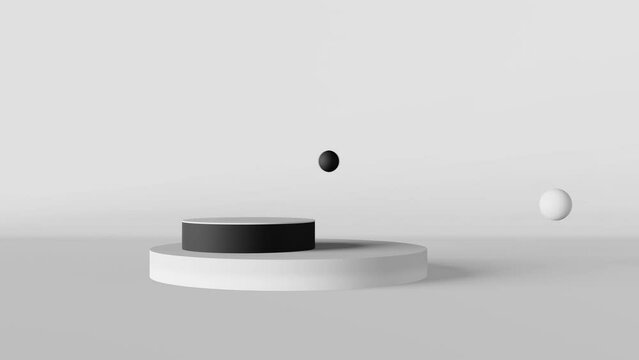 Black podium cosmetics product demonstration white background showcase matte flying bubble 3d animation loop. Abstact minimal scene design composition floating sphere. Modern beauty presentation place
