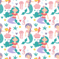 Mermaid seamless pattern. Vector illustrations of cute fantastic girls characters in a simple hand-drawn cartoon style surrounded by marine life, corals, seashells, algae. Colorful palette EPS