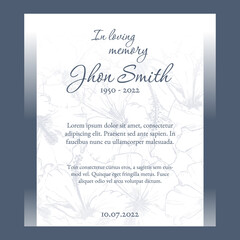 funeral card template with blue floral background illustration
