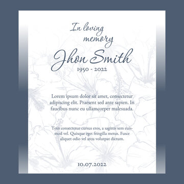 Funeral Card Template With Blue Floral Background Illustration