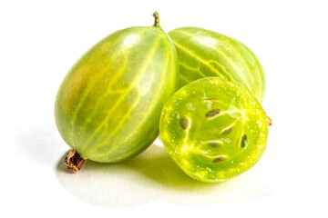 Fresh ripe raw green gooseberry, group of whole and half gooseberries isolated on white background