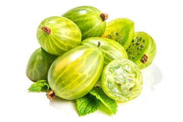 Fresh ripe raw green gooseberry, group of whole and half gooseberries isolated on white background