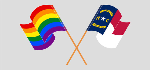 Crossed flags of LGBTQ and The State of North Carolina. Official colors. Correct proportion