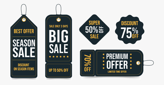 Big black set of sales tags. Season sale, premium offer labels collection. Vector flat illustration of banner template with great deals, discounts