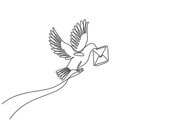 Continuous line drawing of a flying carrier pigeon carrying mail. vector illustration of a flying dove carrying an envelope. Single line art of flying pigeon symbol carrying letter in doodle style.