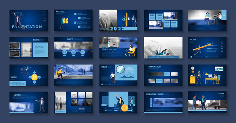 Business presentation, powerpoint, job a new business, financial annual report. Infographic design template, blue elements, blue background, set. A team of people creates business, teamwork, vector - obrazy, fototapety, plakaty