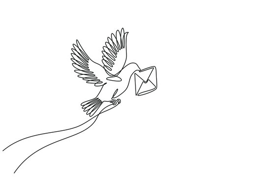 recommend clip art: Continuous line drawing of a flying carrier pigeon carrying mail. vector illustration of a flying dove carrying an envelope. Single line art of flying pigeon symbol carrying letter in doodle style.