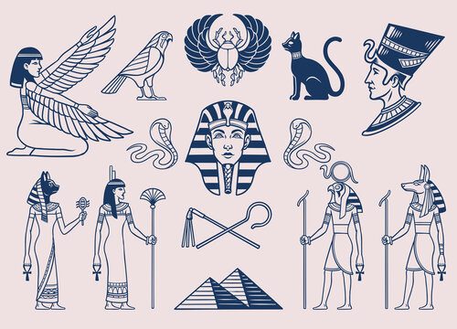 Set of Black and white Style of Ancient egyptian Objects