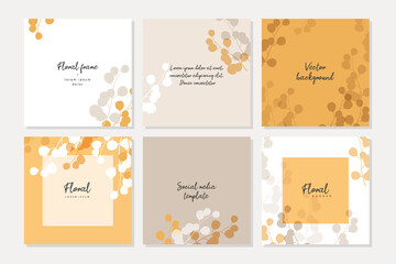 Autumn yellow beige square backgrounds with simple leaves. Frame with floral elements. Vector template for card, banner, invitation, social media post, poster, mobile apps, web ads