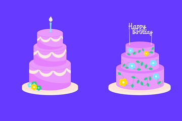 Set of birthday cakes with birthday inscriptions. Vector illustration