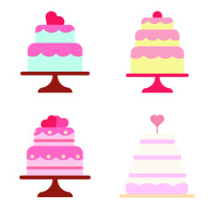 Set of festive wedding cakes in flat style. Vector illustration