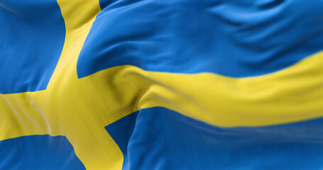 Close-up view of Sweden national flag waving in the wind