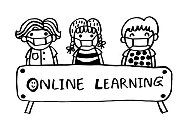 Kids with text Online Learning , cartoon doodle hand drawing