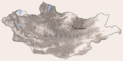 Mongolia map, relief and lakes, vector design, cartography and geography - obrazy, fototapety, plakaty