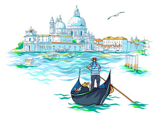 Gondolier in gondola on Grand Canal in hat with red ribbon and typical striped singlet, Saint Mary of Health in the background, Venice, Italy. © Kavalenkava