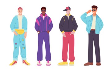 Set of characters. People in clothes in the style of the 90s. Neon, nostalgia, street style, trend. Flat vector illustration