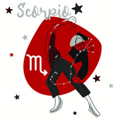 Scorpio is a constellation of the zodiac sign. A girl in a modern style with colored spots and contour lines of the model's silhouette. Graphic Printing 