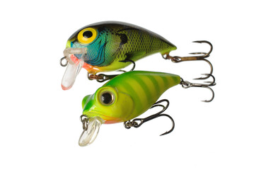 Fishing lures. Spinners. Wobblers. Isolated on white.