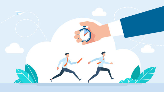 Time management. Business baton pass, relay, job handover or partnership and teamwork. Deadline, punctuality. Two businessmen pass the baton running a relay race. Team. Vector flat illustration