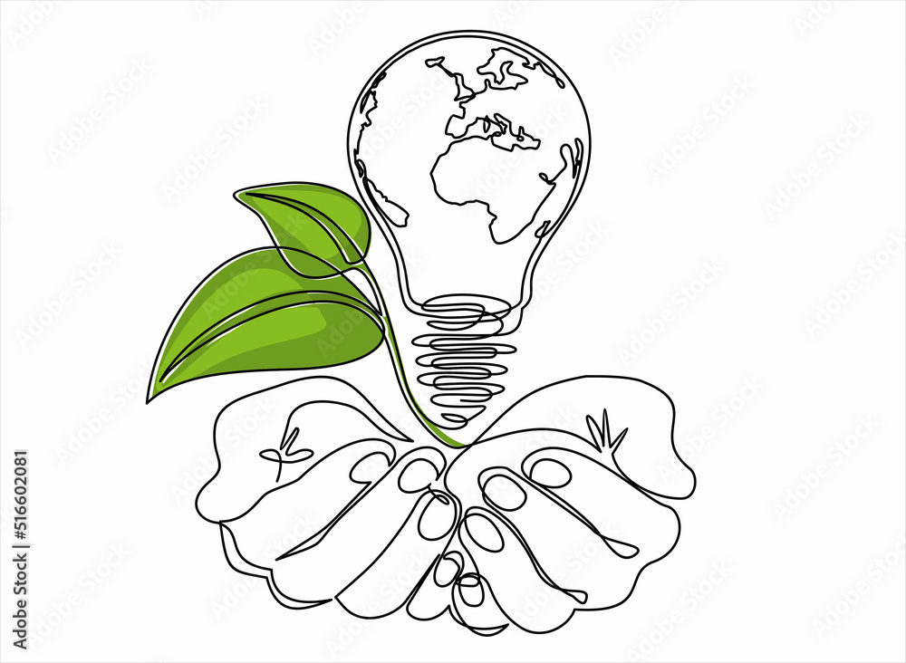 Poster earth globe inside lightbulb with growing sprout in hands. one continuous line drawing. vector conce