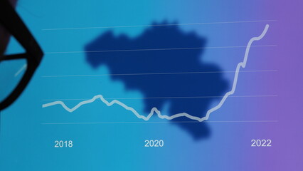 An user's analizing curve who discribes the inflation rate of Belgium on a screen. A computer shows the rising prices of belgium