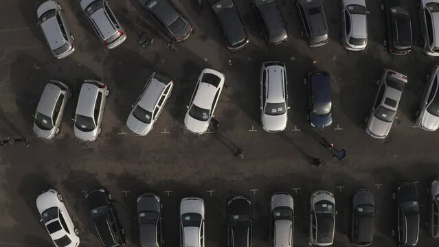 Auto market drone video. Old used cars selling parking.