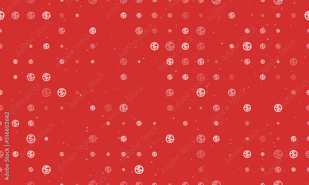 Poster seamless background pattern of evenly spaced white no dollar symbols of different sizes and opacity.