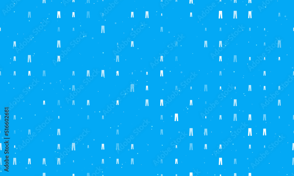 Poster Seamless background pattern of evenly spaced white pants symbols of different sizes and opacity. Vector illustration on light blue background with stars