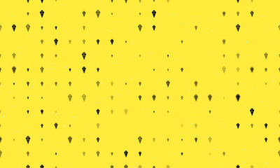 Seamless background pattern of evenly spaced black ice cream balls symbols of different sizes and opacity. Vector illustration on yellow background with stars