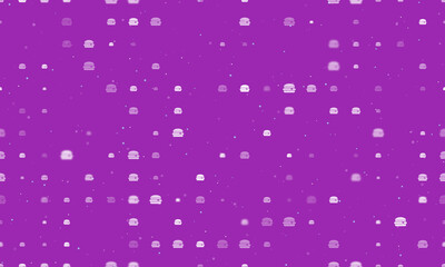 Seamless background pattern of evenly spaced white hamburger symbols of different sizes and opacity. Vector illustration on purple background with stars