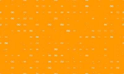 Seamless background pattern of evenly spaced white infinity symbols of different sizes and opacity. Vector illustration on orange background with stars