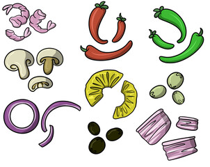 A set of different toppings for pizza in cartoon style, different toppings for pizza images