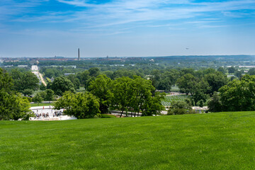 Skyline of Washington D.C. as seen from Arlington House in Arlington National Cemetery. Washington Monument, Lincoln Memorial and Arlington Memorial Bridge. 