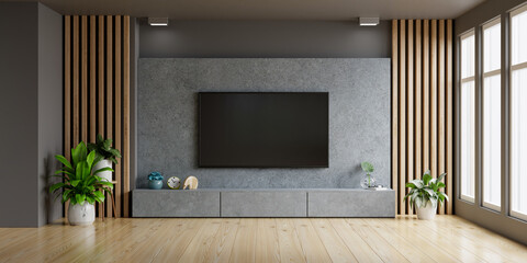 Concrete wall mounted tv in modern living room.